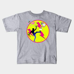 Kick The Coolest Unicorn & Rainbow with Pink Flamingo & Pink Lightning | 80s-90s style Neon colors Kids T-Shirt